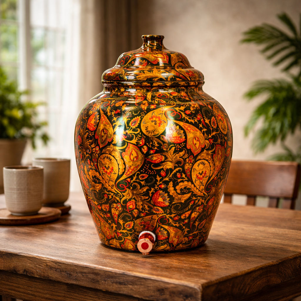 Handcrafted Pure Copper Water Pot Green Flower Leaf Design